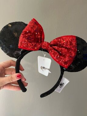 Disney Black Sequin Minnie Headband with Red Bow